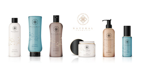 Realistic cosmetic bottles on white background. Cosmetic cream containers and tubes for cream, lotion, shampoo, gel, balsam, conditioner, spray. 3d Vector Illustration