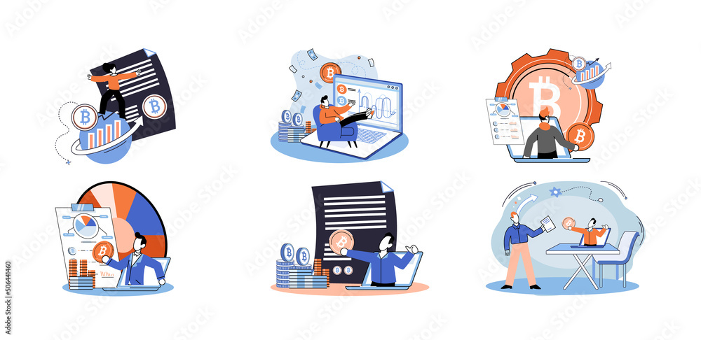 Poster cryptocurrency bitcoin mining metaphor blockchain exchange platform. cyber banking procedures, bitco