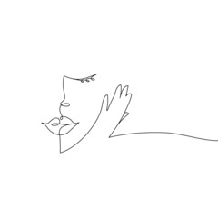 Line art woman portrait, hand touch face. Logo for beauty products, salon. Romantic style, skin care