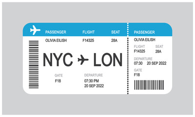 Realistic airline ticket design with flight time and passenger name, vector, illustration. - obrazy, fototapety, plakaty