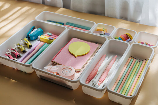 Stylish colored stationery in pastel colors is arranged in white organizers. Creative Drawer Organizing. Storage office supplies. Concept back to school.
