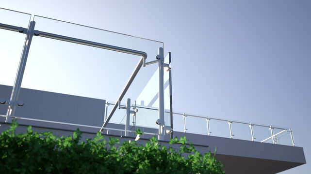 Modern stainless steel railing with glass panel, 3D illustration 