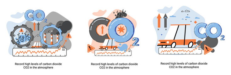 Record high levels carbon dioxide CO2 atmosphere. Industrial emissions affect changes in carbon dioxide concentration. Causes of climate change on planet. Problems of environment and ecology metaphor