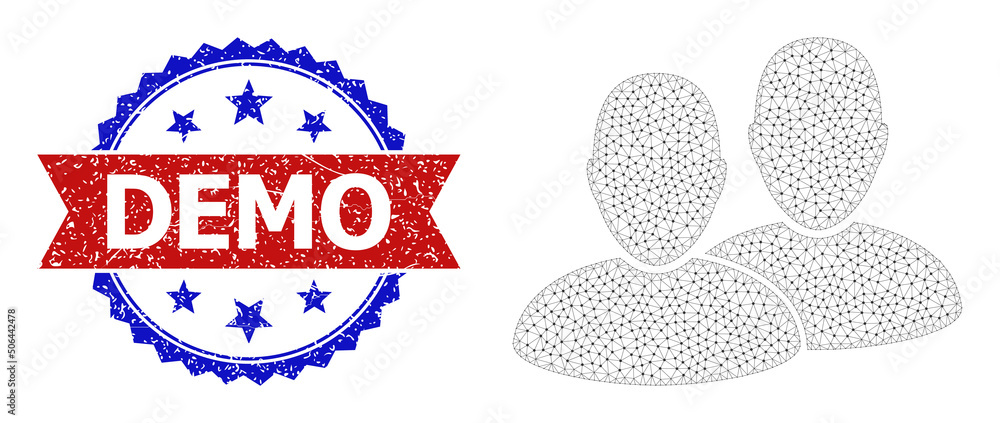 Poster mesh users carcass illustration, and bicolor grunge demo seal stamp. mesh wireframe symbol based on 