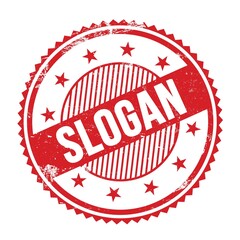 SLOGAN text written on red grungy round stamp.