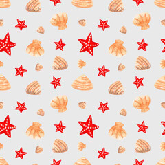 Watercolor seamless pattern with seashell and starfish illustration on isolated background.  For greeting cards, stationery, wrapping paper, wallpaper, splash screen, social media, etc.