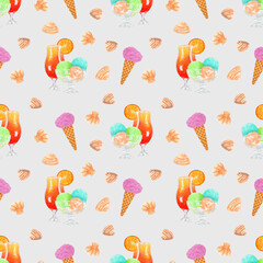 Watercolor seamless pattern with ice cream and cocktail illustration on isolated background.  For greeting cards, stationery, wrapping paper, wallpaper, splash screen, social media, etc.
