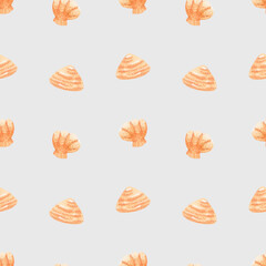 Watercolor seamless pattern with seashell illustration.  For greeting cards, stationery, wrapping paper, wallpaper, splash screen, social media, etc.