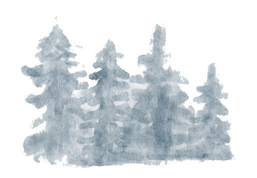 watercolor background drawn landscape of foggy forest, winter hill. Wild nature. Watercolor Tree