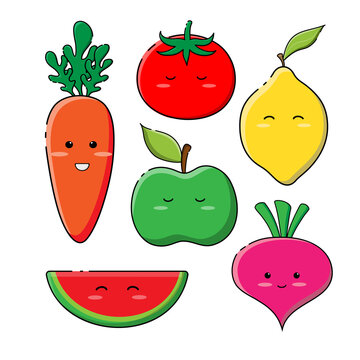 Vector image of cute fruits and vegetables. Carrot, tomato, lemon, apple, radish and watermelon in a cute kawaii style for modern designs