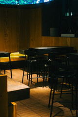 Interior of asian restaurant, empty table in the evening.