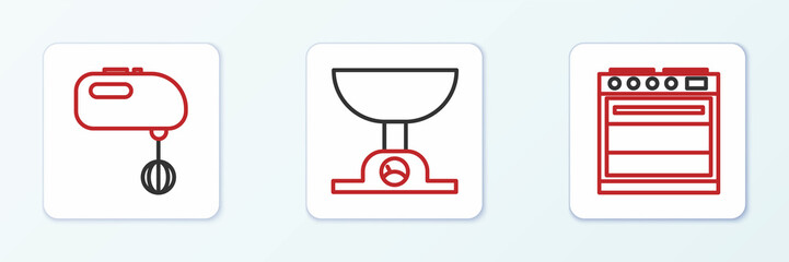 Set line Oven, Electric mixer and Electronic scales icon. Vector