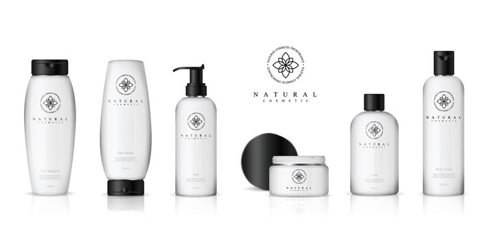 Realistic cosmetic bottles on white background. Cosmetic cream containers and tubes for cream, lotion, shampoo, gel, balsam, conditioner, spray. 3d Vector Illustration