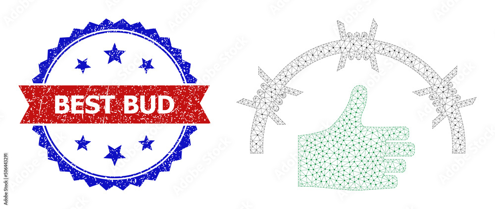 Poster mesh jail like wireframe icon, and bicolor textured best bud seal. mesh wireframe symbol is designed