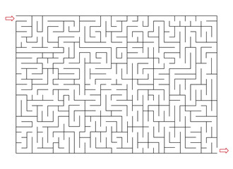Rectangle labyrinth with entry and exit. Line maze game. Hard -Medium complexity. Kids maze puzzle, vector illustration