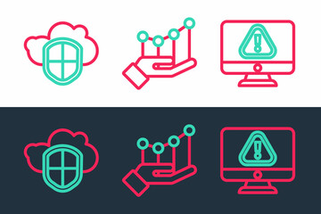 Set line Monitor with exclamation mark, Cloud and shield and Pie chart infographic icon. Vector