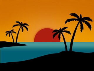 Fototapeta na wymiar palm trees on the beach at sunset