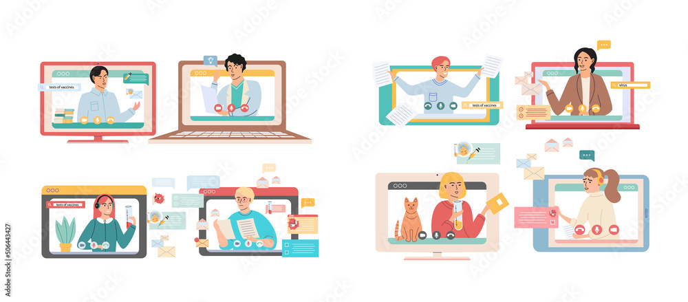 Poster virtual meeting, online teamwork. desktop computer with group of colleagues taking part in video con