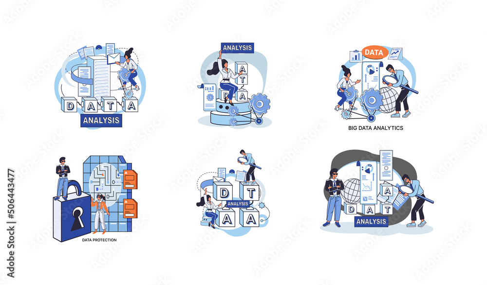 Poster big data analytics platform, data management and protection creative metaphor set abstract concept. 