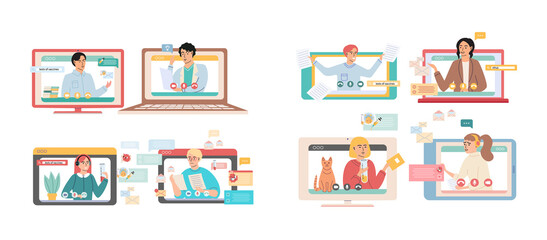 Virtual meeting, online teamwork. Desktop computer with group of colleagues taking part in video conference. Software for videoconferencing and online communication. Online skull session, webinar