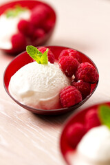 Ice cream with fresh raspberries. High quality photo