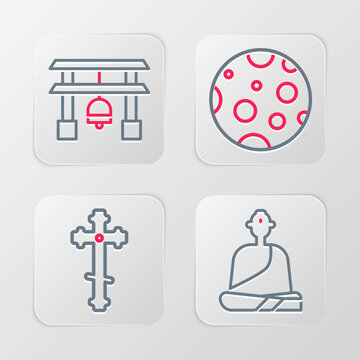Set line Buddhist monk, Christian cross, Moon and Japan Gate icon. Vector