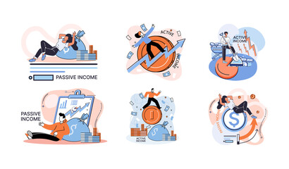 Active and passive income concept. Idea of financial growth and development with investments, interest on deposits, dividends. Metaphor illustrations about earnings, profit, cash and money flow