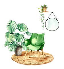Home modern interior. Watercolor illustration of green chair, wicker rug, houseplants, mirror on a white background.