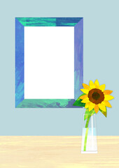 ひまわりで飾られたインテリア。フォトフレームの背景。