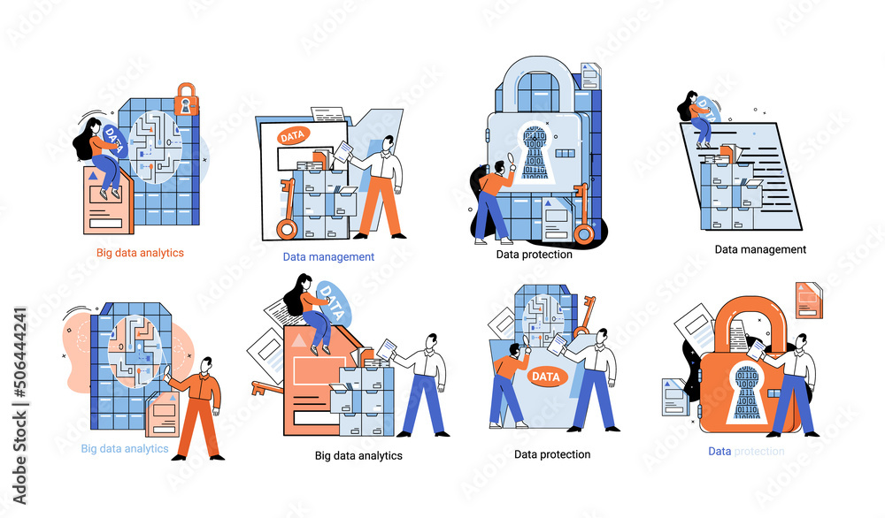 Poster big data analytics platform, data management and protection creative metaphor set abstract concept. 