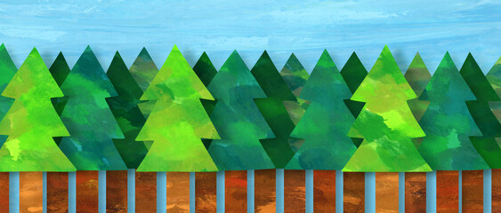 水彩テクスチャのイラスト。針葉樹の森。