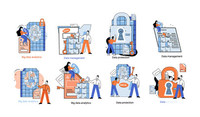 Big data analytics platform, data management and protection creative metaphor set abstract concept. Data center room disk infrastructure business information safety. Technology Internet and network