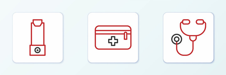 Set line Stethoscope, Inhaler and First aid kit icon. Vector