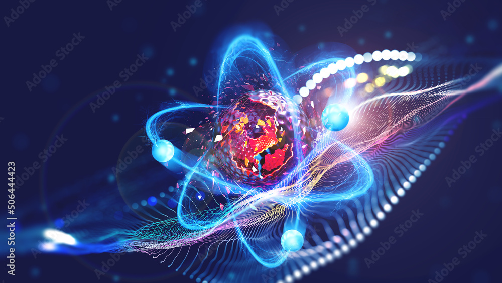 Aufkleber high tech. study of structure of atom. nuclear physics and internet technologies. 3d illustration of