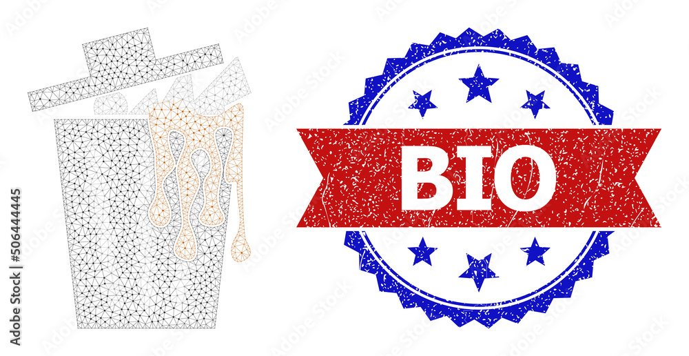 Poster net trash bucket wireframe icon, and bicolor unclean bio seal stamp. mesh carcass illustration is de