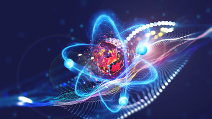 High tech. Study of structure of atom. Nuclear physics and Internet technologies. 3d illustration of scientific background