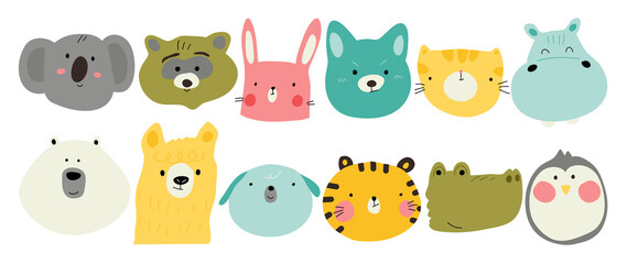 Set of cute animal vector. Lovely and friendly wild life with alpaca, rabbit, penguin, tiger in doodle pattern. Adorable funny animal and many characters hand drawn collection on white background.