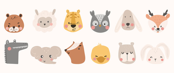 Set of cute animal vector. Lovely and friendly wild life with elephant, deer, rabbit, tiger in doodle pattern. Adorable funny animal and many characters hand drawn collection on white background.