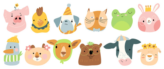 Set of cute animal vector. Lovely and friendly farm animal with duck, pig, cow, rabbit, chicken in doodle pattern. Adorable funny animal and many characters hand drawn collection on white background.