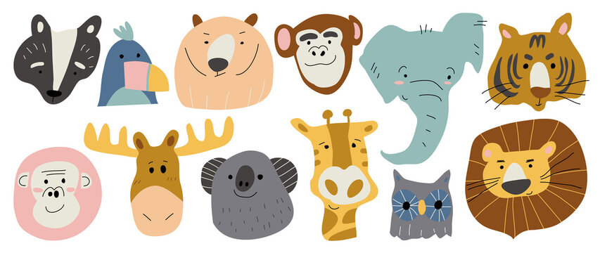 Set of cute animal vector. Lovely and friendly wild life with lion, elephant, bear, giraffe in doodle pattern. Adorable funny animal and many characters hand drawn collection on white background.