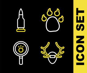 Set line Paw print, Deer antlers on shield, search and Bullet icon. Vector