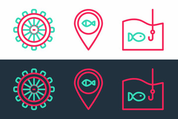 Set line Fishing hook with fish, Ship steering wheel and Location fishing icon. Vector