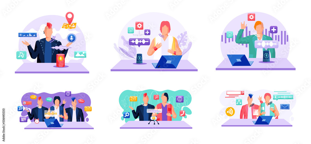 Poster voice assistant. smart speaker virtual assistant, sound robot, people using voice controlled smart s