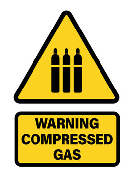 Warning compressed gas, yellow triangle shape sign with gas cylinders silhouette and text below.