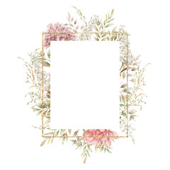 Floral frame with garden flowers and foliage, can be used as invitation card for wedding, birthday and other holiday and  summer background. Botanical art. Watercolor