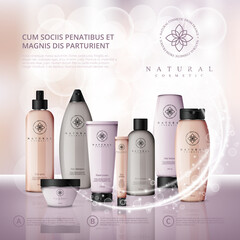 Vector cosmetic illustration for the promotion of cosmetic products on light bokeh background. Cosmetic cream containers and tubes for cream, lotion, shampoo, balsam, conditioner, spray