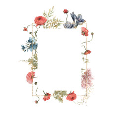 Floral frame with garden flowers and foliage, can be used as invitation card for wedding, birthday and other holiday and  summer background. Botanical art. Watercolor - 506446080