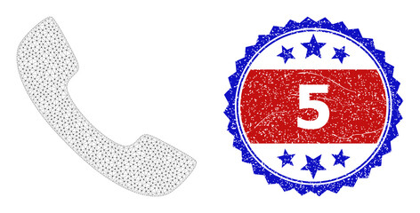 Net phone receiver framework icon, and bicolor scratched 5 seal. Mesh carcass image is designed with phone receiver icon. Vector imprint with 5 text inside red ribbon and blue rosette,
