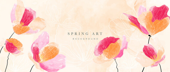 Luxury spring floral watercolor background. Blossom line art wallpaper with pink flowers and gold glitters. Summer floral on green watercolor design illustration for prints, banner, backdrop.