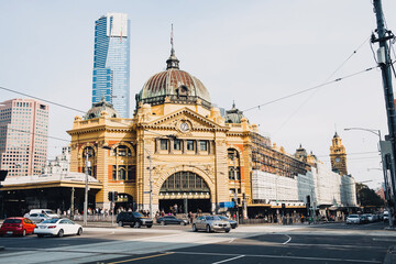 Flinders Street Station with city traffic.